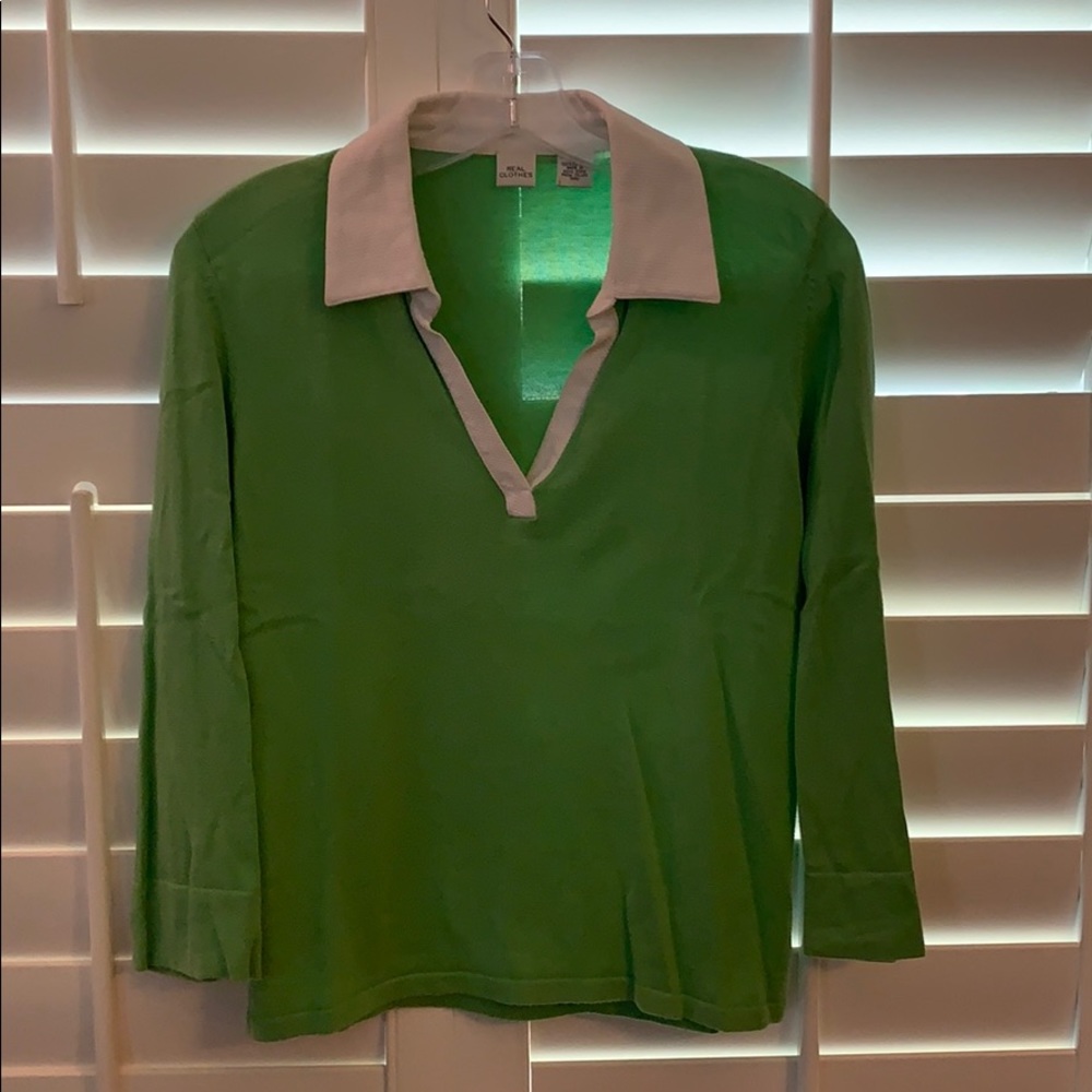 Real Clothes Green & White V Neck Sweater Medium